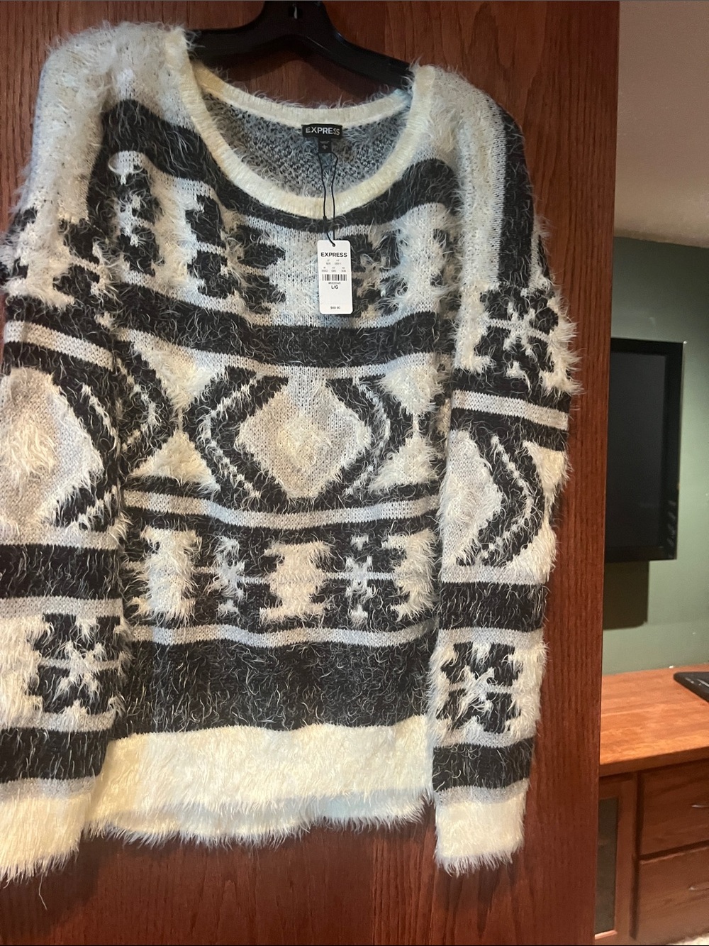 Express Cream and Black Cozy Fuzzy Patterned Sweater